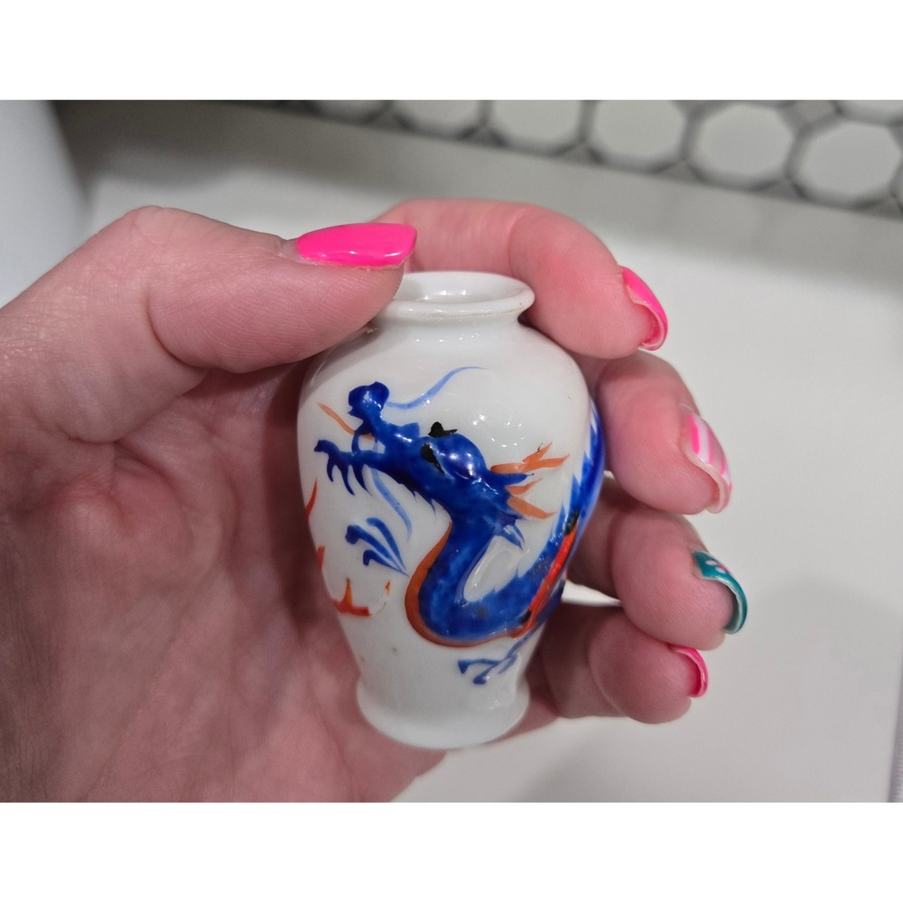 Vintage K.I. Japan Miniature Porcelain Dragon Vase Hand Painted Blue Orange 2.25